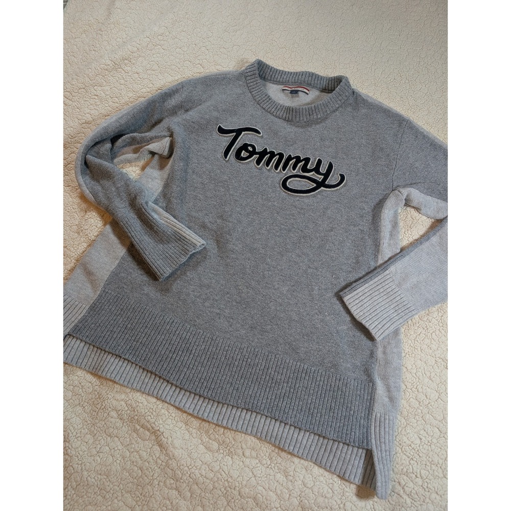 Tommy Hilfiger Womens Grey Colorblock Script Logo Cotton Wool Sweater Medium